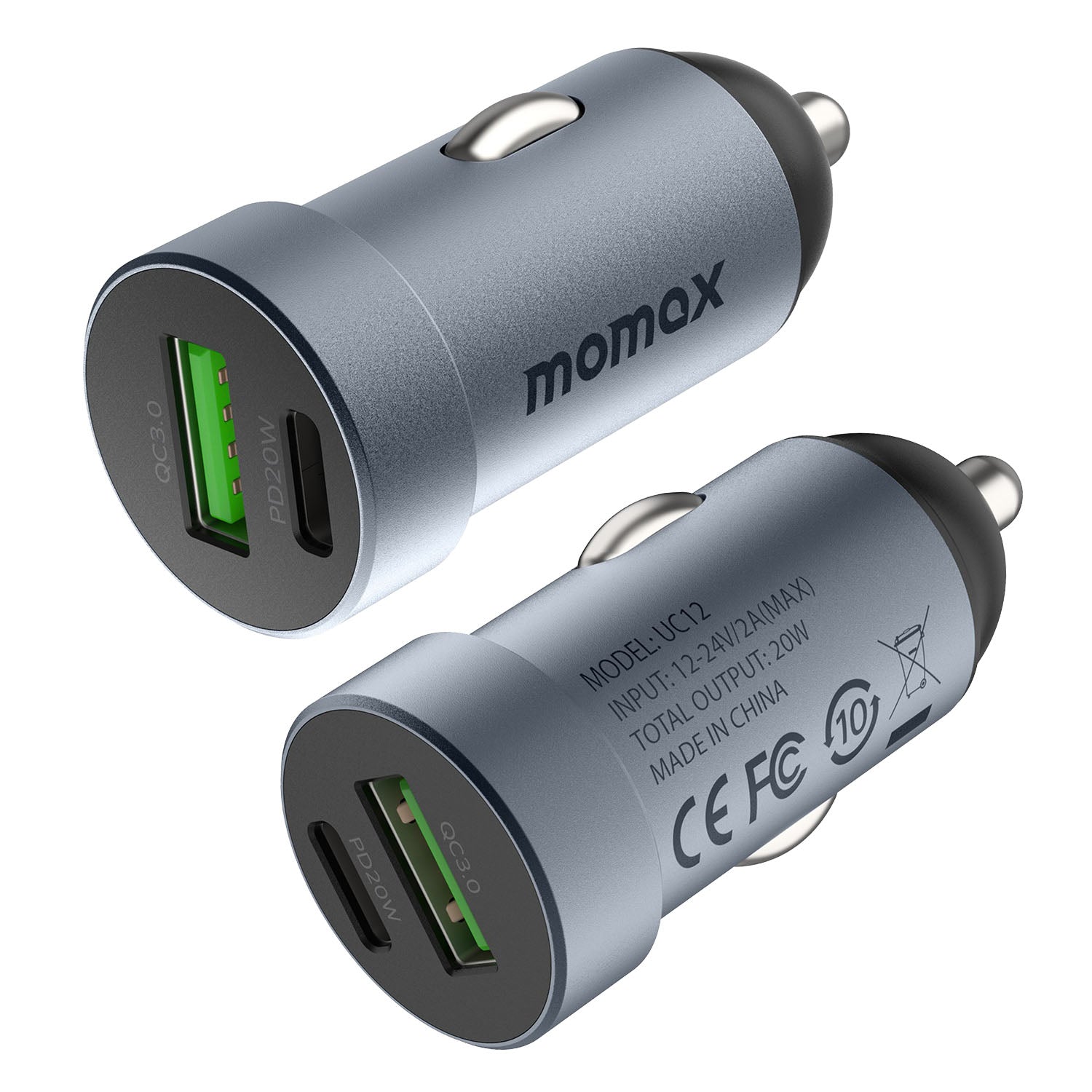 MOMAX UC12 20W Dual Port Car Charger PD 3.0 QC 3.0 Mini Cigarette Lighter Adapter