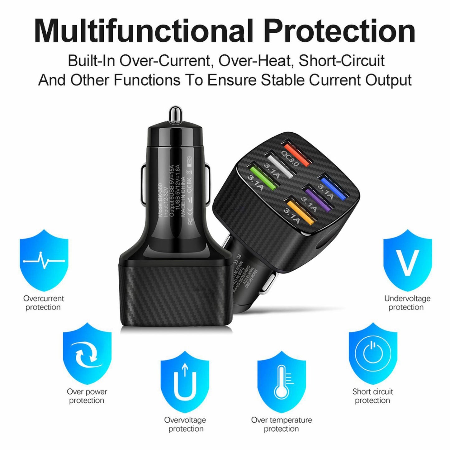 15A QC3.0 6 USB Ports Fast Charging Power Adapter Mobile Phone Car Charger