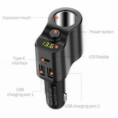 C03 3.1A Dual USB + Type-C Car Charger Voltage Detection Cigarette Lighter Socket Charge Adapter