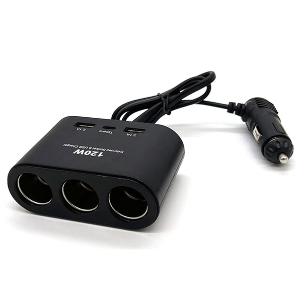 1653 120W Dual USB + 1 Type-C Port Car Charger 3 Cigarette Lighter Sockets Charging Adapter