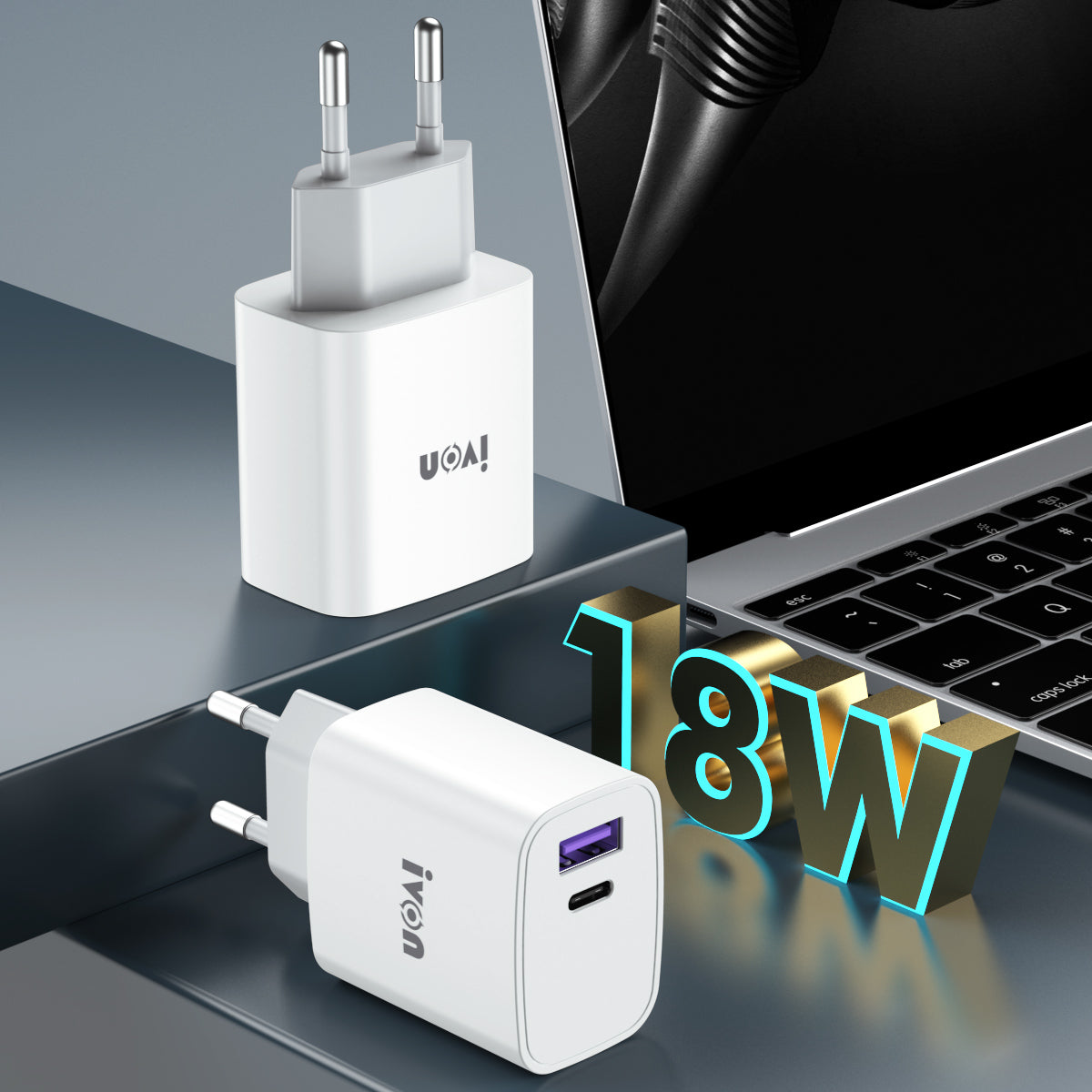 IVON AD52 Portable 18W PD Charger Type-C + USB Dual Ports Power Adapter