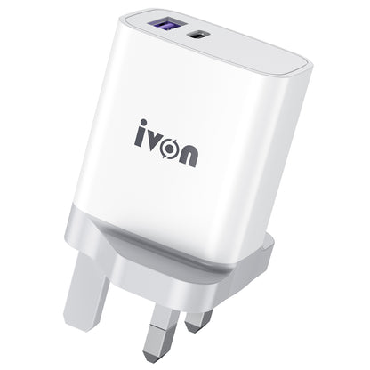 IVON AD52 Portable 18W PD Charger Type-C + USB Dual Ports Power Adapter