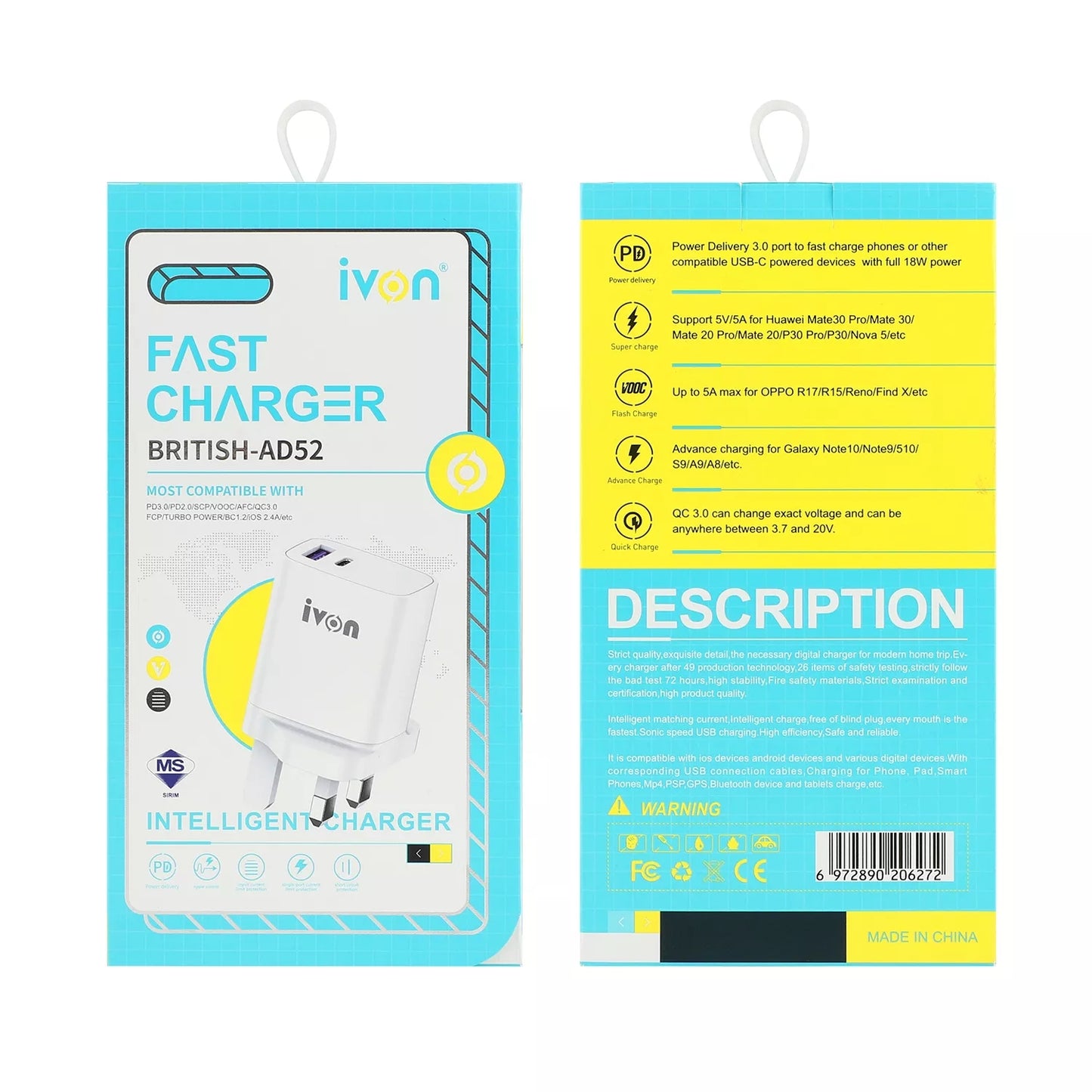 IVON AD52 Portable 18W PD Charger Type-C + USB Dual Ports Power Adapter