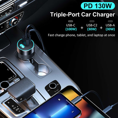 CHOETECH TC0011 130W Dual Type C Port+Single USB Port Car Charger QC3.0 PD3.0 Fast Phone Charger Quick Charging Universal Charger Station for Vehicles