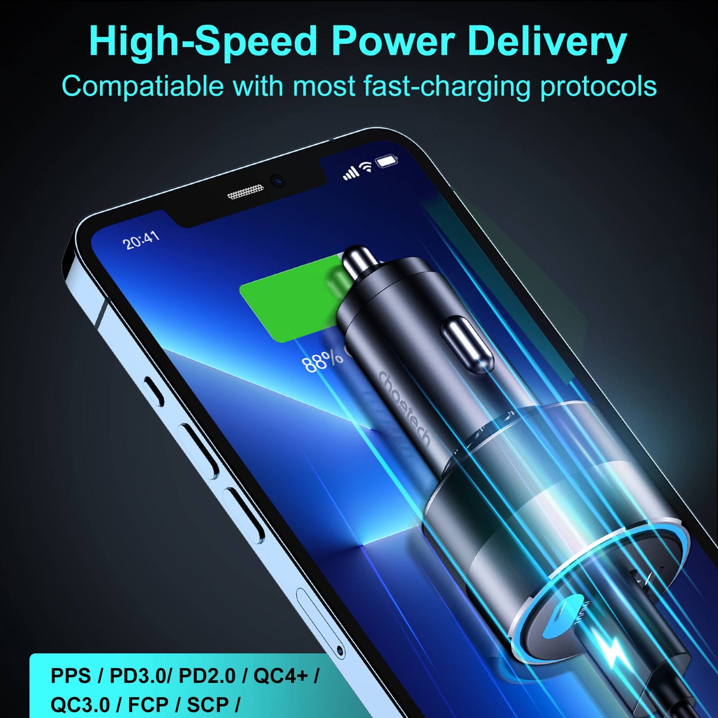 CHOETECH TC0011 130W Dual Type C Port+Single USB Port Car Charger QC3.0 PD3.0 Fast Phone Charger Quick Charging Universal Charger Station for Vehicles