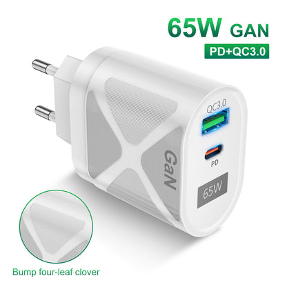 UD7568 65W High Power PD QC3.0 Fast Charging GaN Charger Type-C + USB Power Adapter