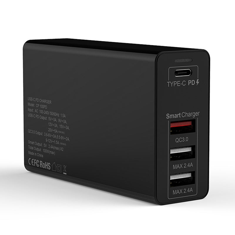 100W USB C Wall Charger 3 USB + 1 Type-C Charger with PPS PD3.0 QC3.0 AFC FCP Fast Technology Power Delivery 3.0 Laptop Adapter for MacBook Pro 16" (CE Certified)