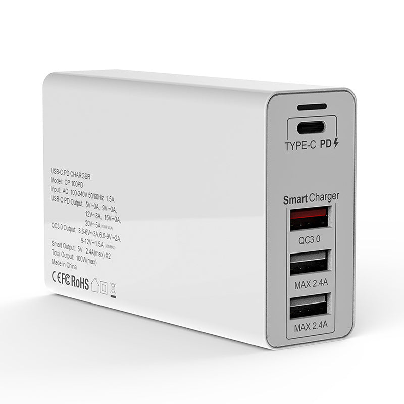 100W USB C Wall Charger 3 USB + 1 Type-C Charger with PPS PD3.0 QC3.0 AFC FCP Fast Technology Power Delivery 3.0 Laptop Adapter for MacBook Pro 16" (CE Certified)