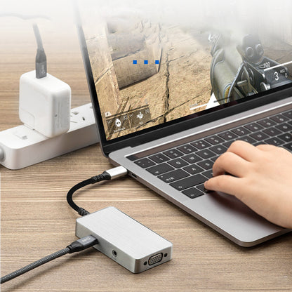 4081-0101RD-03 Type-C Docking Station 5-in-1 Multi-Port Hub Adapter USB Extender USB-C to PD100 + 3.5mm + HD + DP + VGA Converter Support HD/VGA/DP Sync Screen 10Gbps Data Transmission