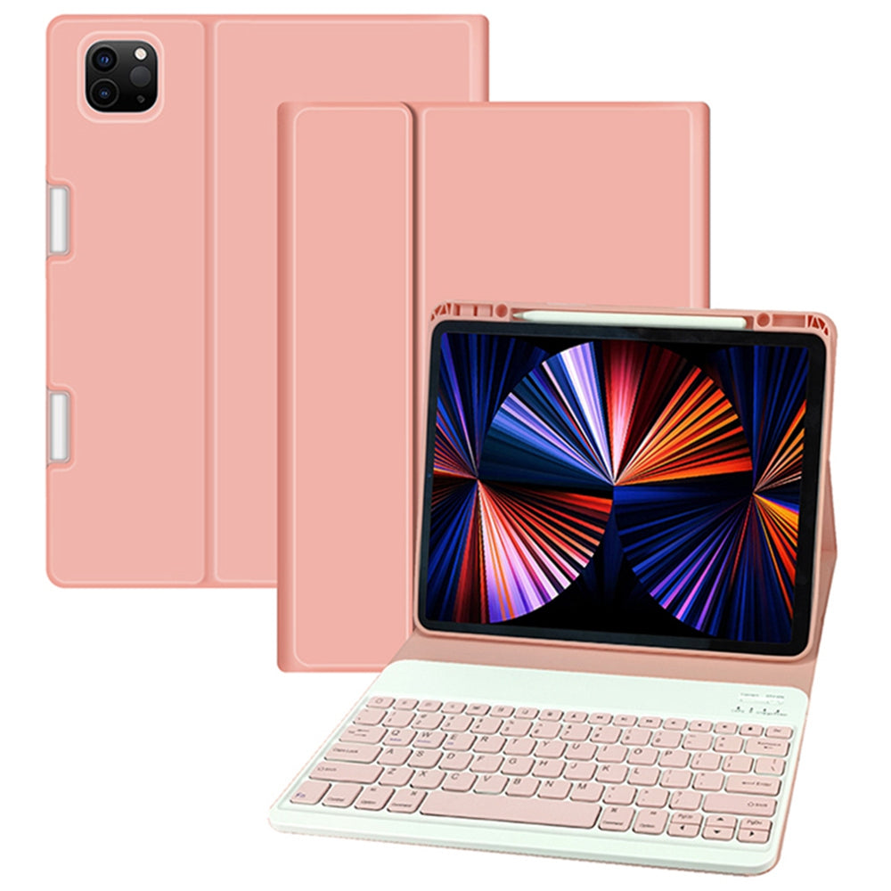For iPad Pro 12.9-inch (2021)/(2020)/(2018) Skin Touch PU Leather Cover Shell + Ultra Slim Square Key Cap Design Wireless Bluetooth Keyboard Set