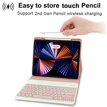 For iPad Pro 12.9-inch (2021)/(2020)/(2018) Skin Touch PU Leather Cover Shell + Ultra Slim Square Key Cap Design Wireless Bluetooth Keyboard Set