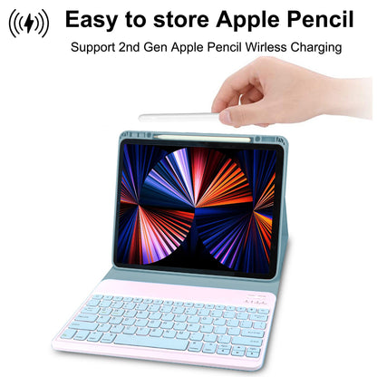 For iPad Pro 12.9-inch (2021)/(2020)/(2018) Skin Touch PU Leather Cover Shell + Ultra Slim Square Key Cap Design Wireless Bluetooth Keyboard Set
