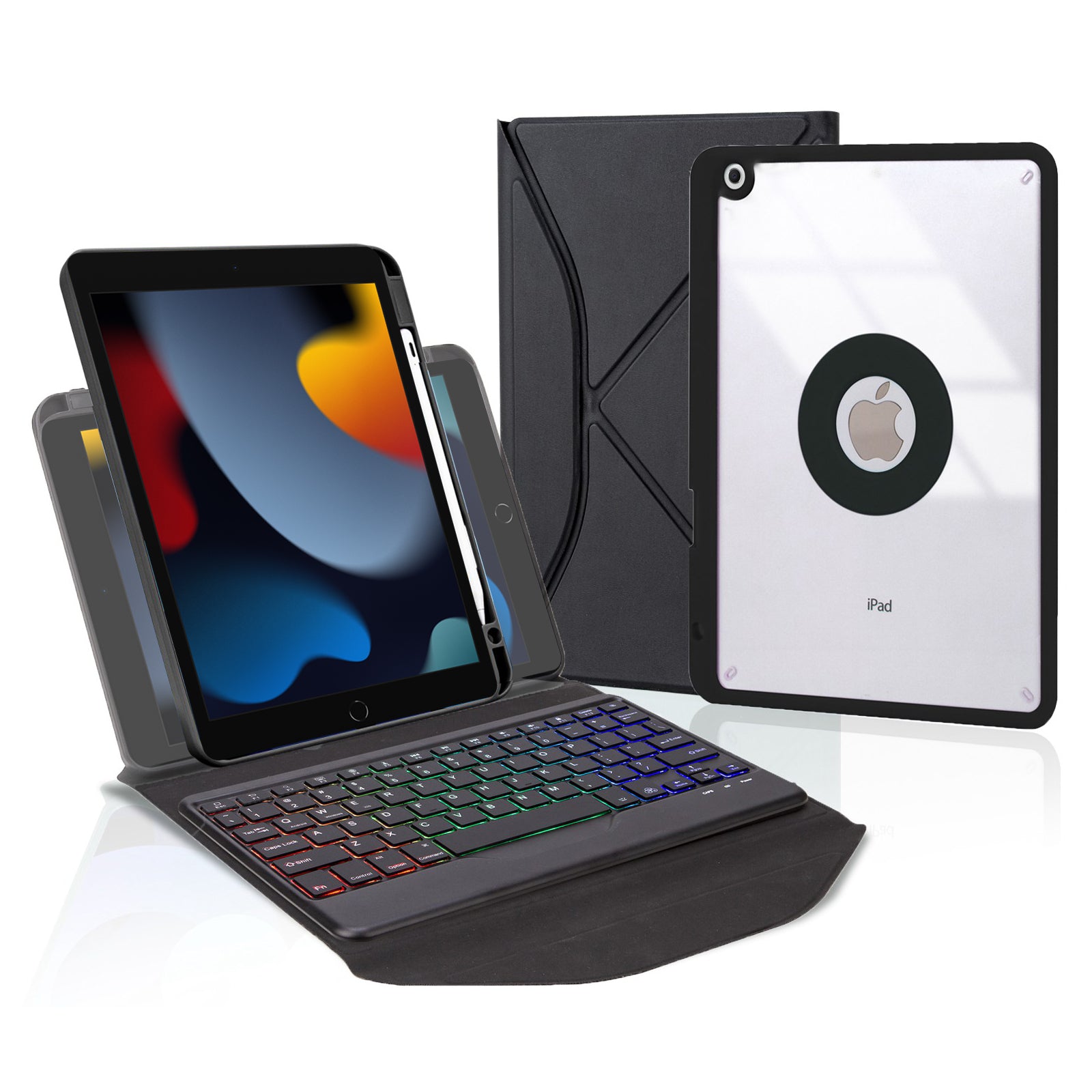 Z102BS For iPad 10.2 (2021)/(2019)/(2020) Detachable Bluetooth Keyboard Case with 3-Color Backlit Shockproof Tablet Protector Built-in Pencil Slot