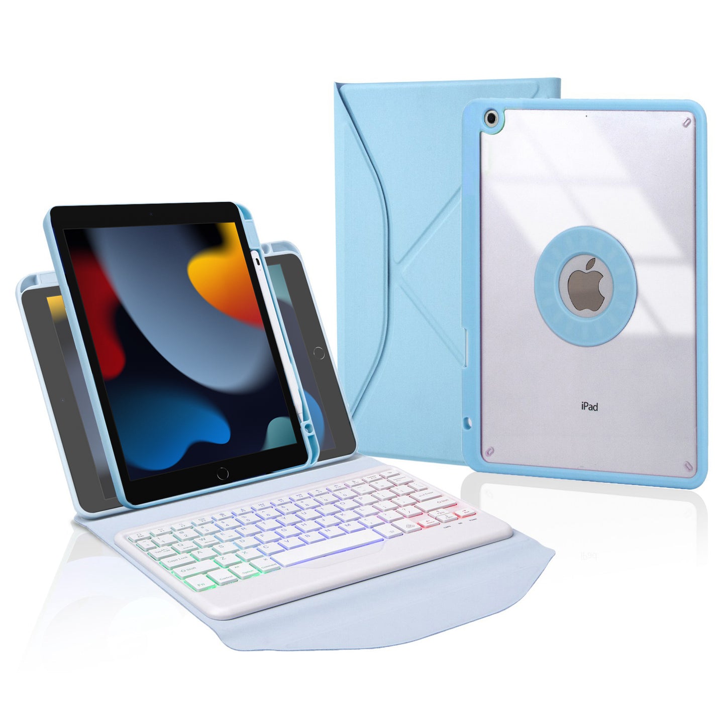 Z102BS For iPad 10.2 (2021)/(2019)/(2020) Detachable Bluetooth Keyboard Case with 3-Color Backlit Shockproof Tablet Protector Built-in Pencil Slot