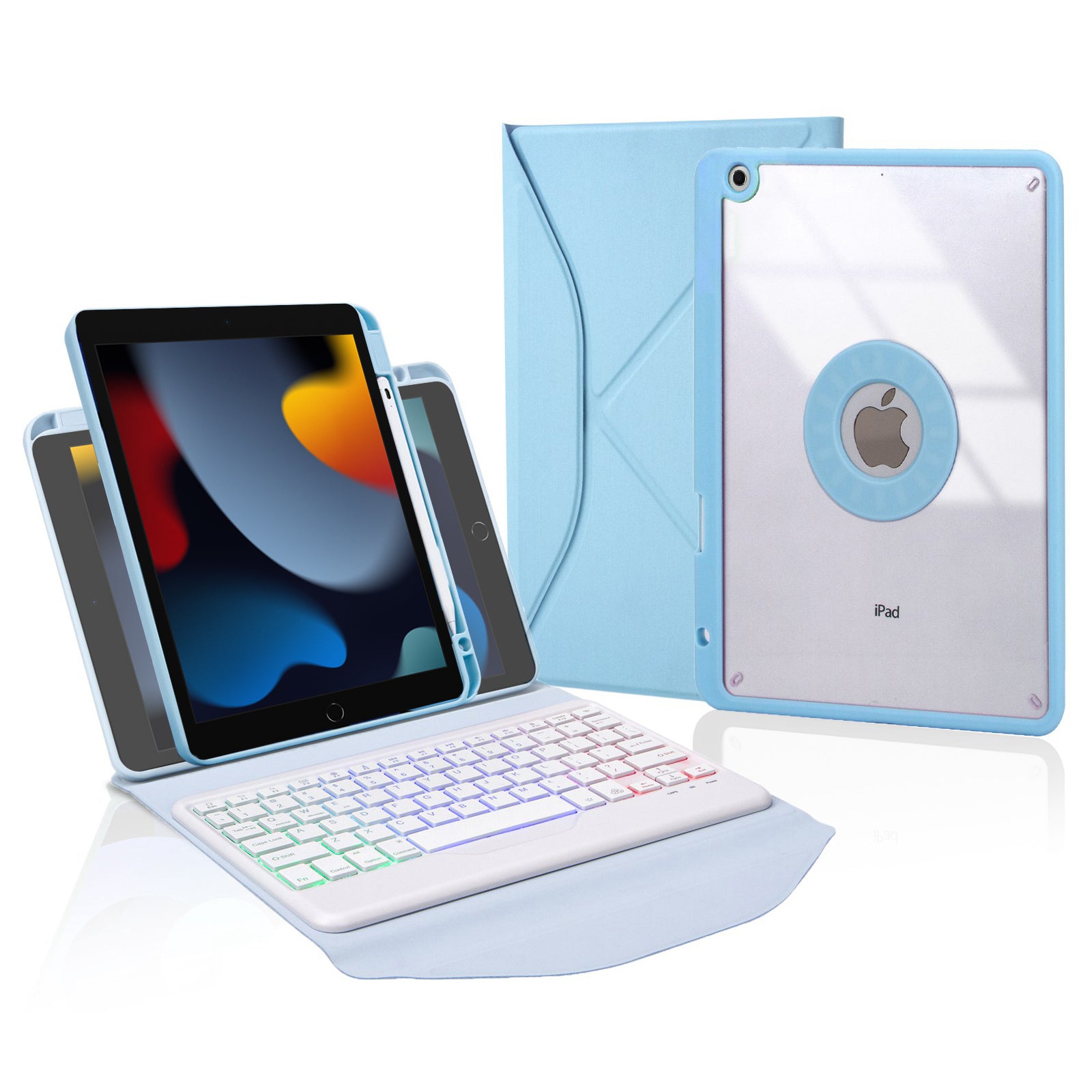 Z102BS For iPad 10.2 (2021)/(2019)/(2020) Detachable Bluetooth Keyboard Case with 3-Color Backlit Shockproof Tablet Protector Built-in Pencil Slot