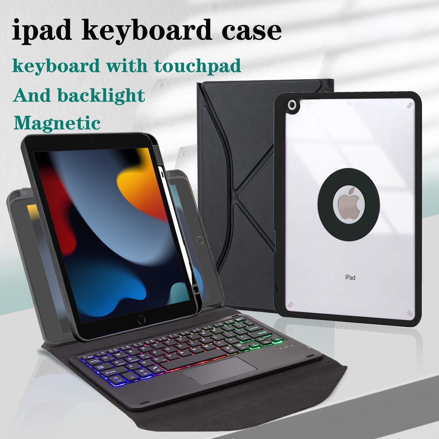 Z102B-AS For iPad 10.2 (2021)/(2019)/(2020) Detachable 3-Color Backlit Bluetooth Keyboard with TouchPad Protective Case Anti-Drop Tablet Cover Built-in Pencil Slot