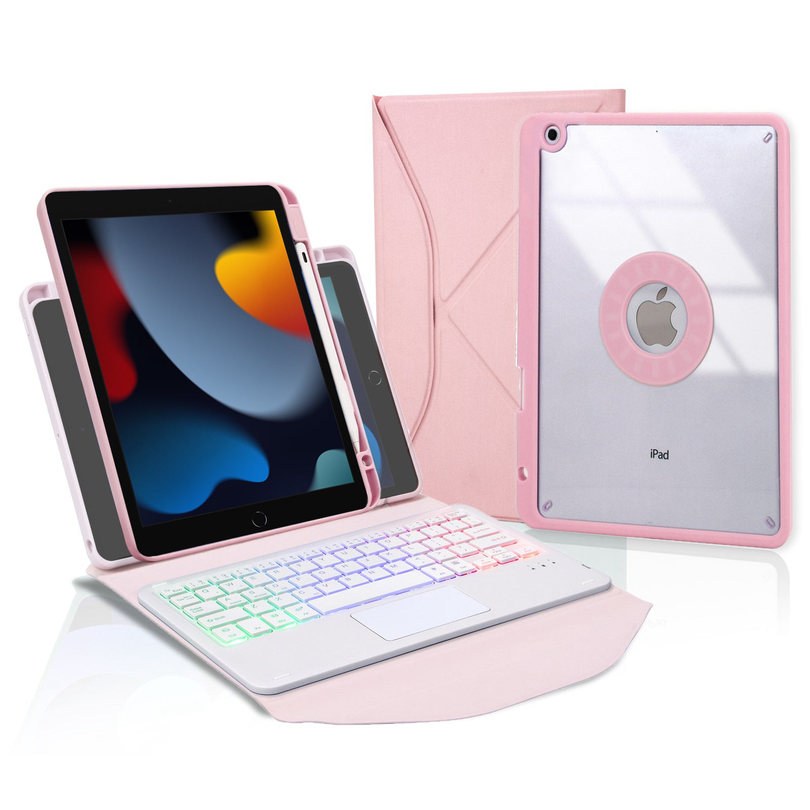 Z102B-AS For iPad 10.2 (2021)/(2019)/(2020) Detachable 3-Color Backlit Bluetooth Keyboard with TouchPad Protective Case Anti-Drop Tablet Cover Built-in Pencil Slot