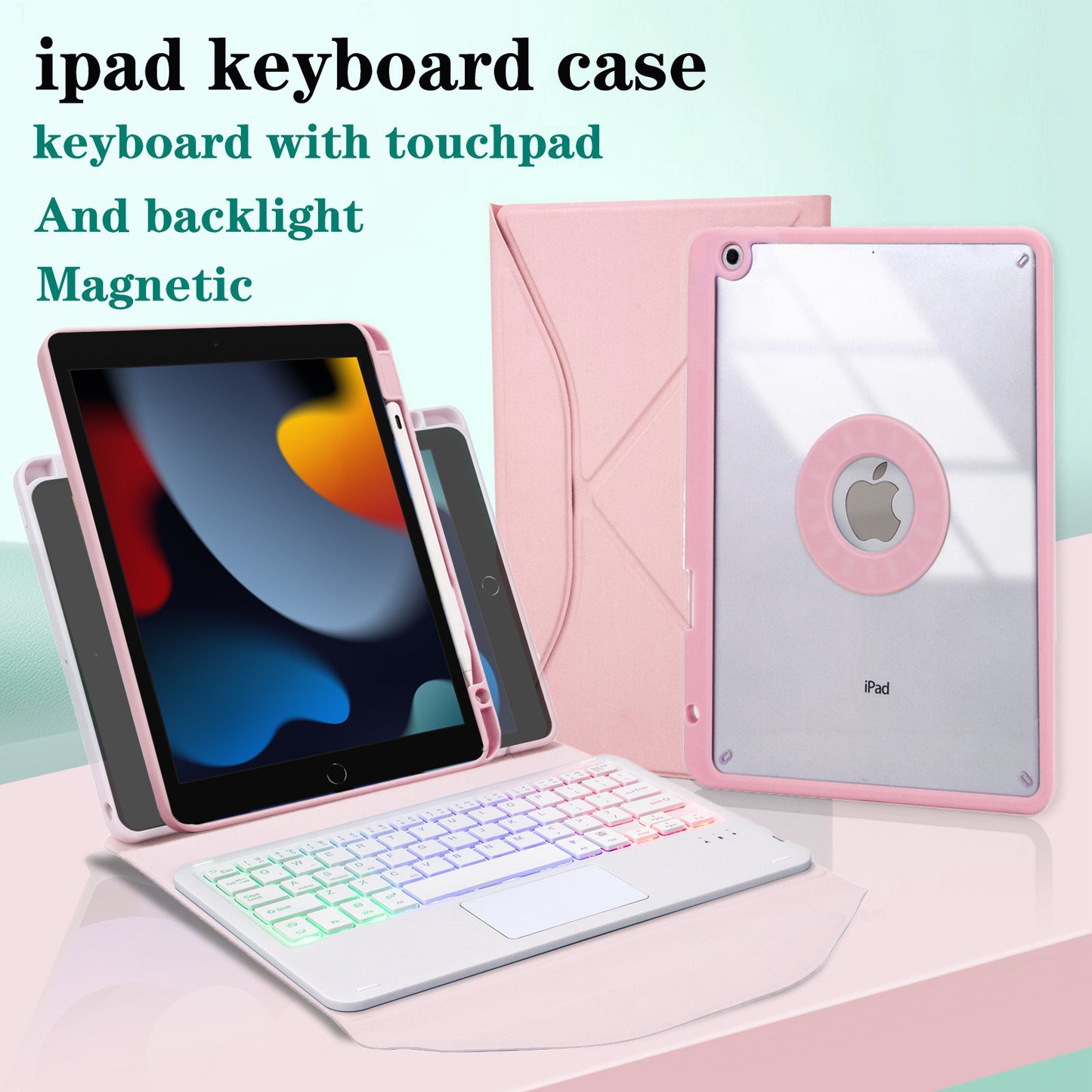 Z102B-AS For iPad 10.2 (2021)/(2019)/(2020) Detachable 3-Color Backlit Bluetooth Keyboard with TouchPad Protective Case Anti-Drop Tablet Cover Built-in Pencil Slot