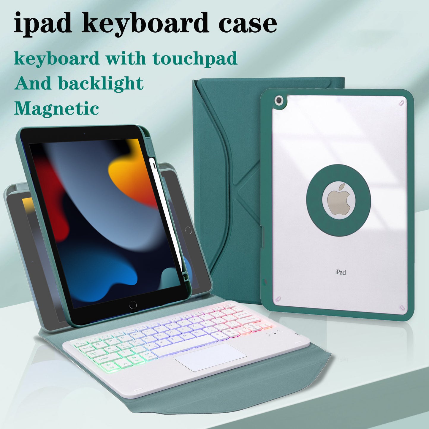 Z102B-AS For iPad 10.2 (2021)/(2019)/(2020) Detachable 3-Color Backlit Bluetooth Keyboard with TouchPad Protective Case Anti-Drop Tablet Cover Built-in Pencil Slot