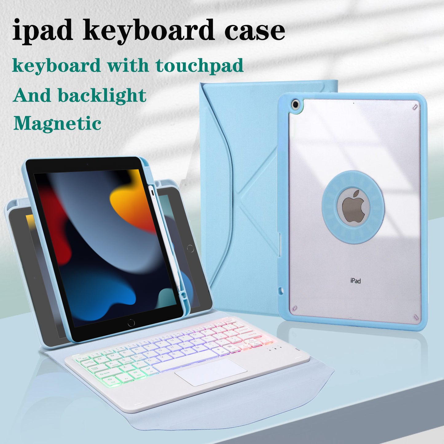 Z102B-AS For iPad 10.2 (2021)/(2019)/(2020) Detachable 3-Color Backlit Bluetooth Keyboard with TouchPad Protective Case Anti-Drop Tablet Cover Built-in Pencil Slot