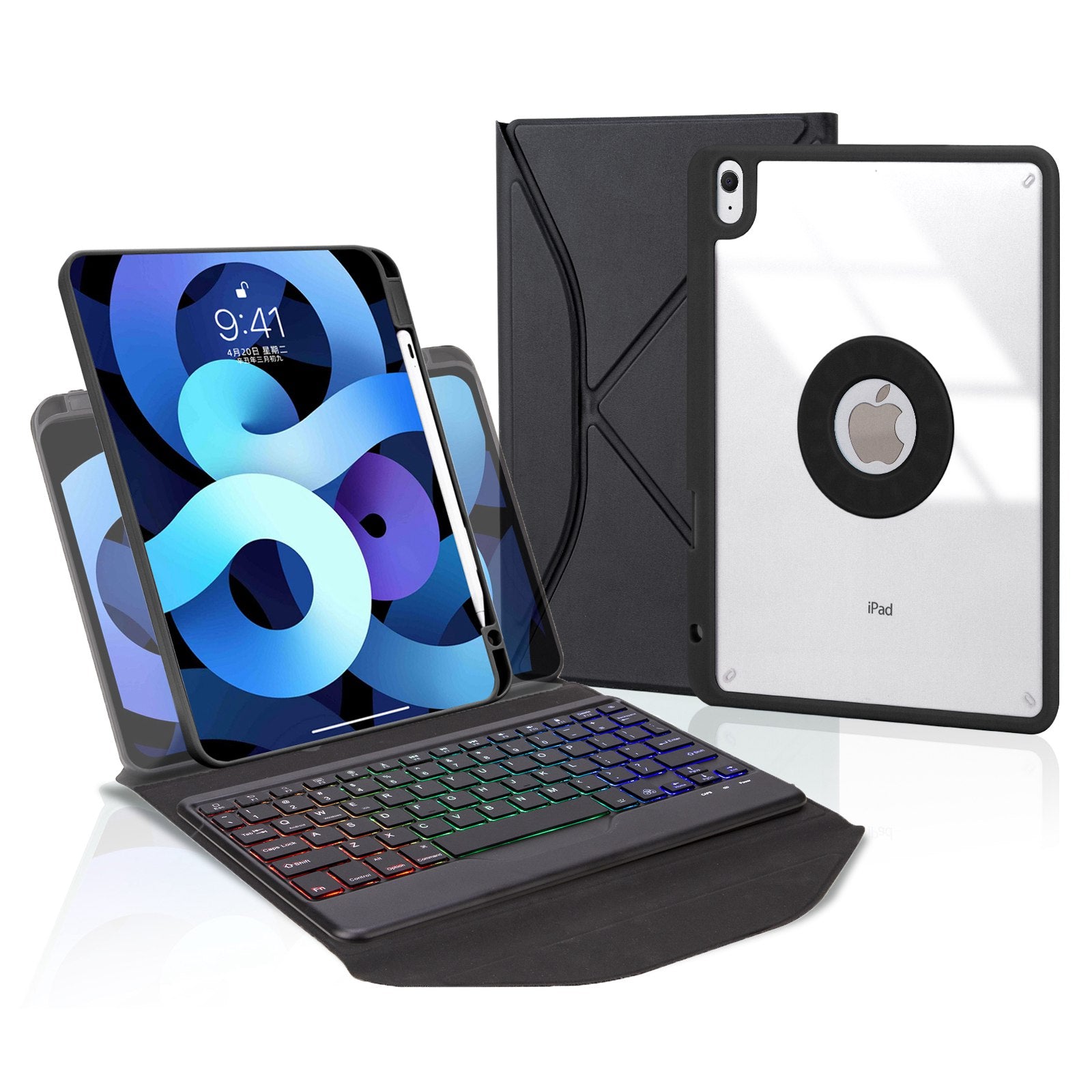 Z098BS For iPad Air (2020)/(2022) Detachable Bluetooth Keyboard with 3-Color Backlit Protective Cover Anti-Drop Tablet Case with Pencil Slot