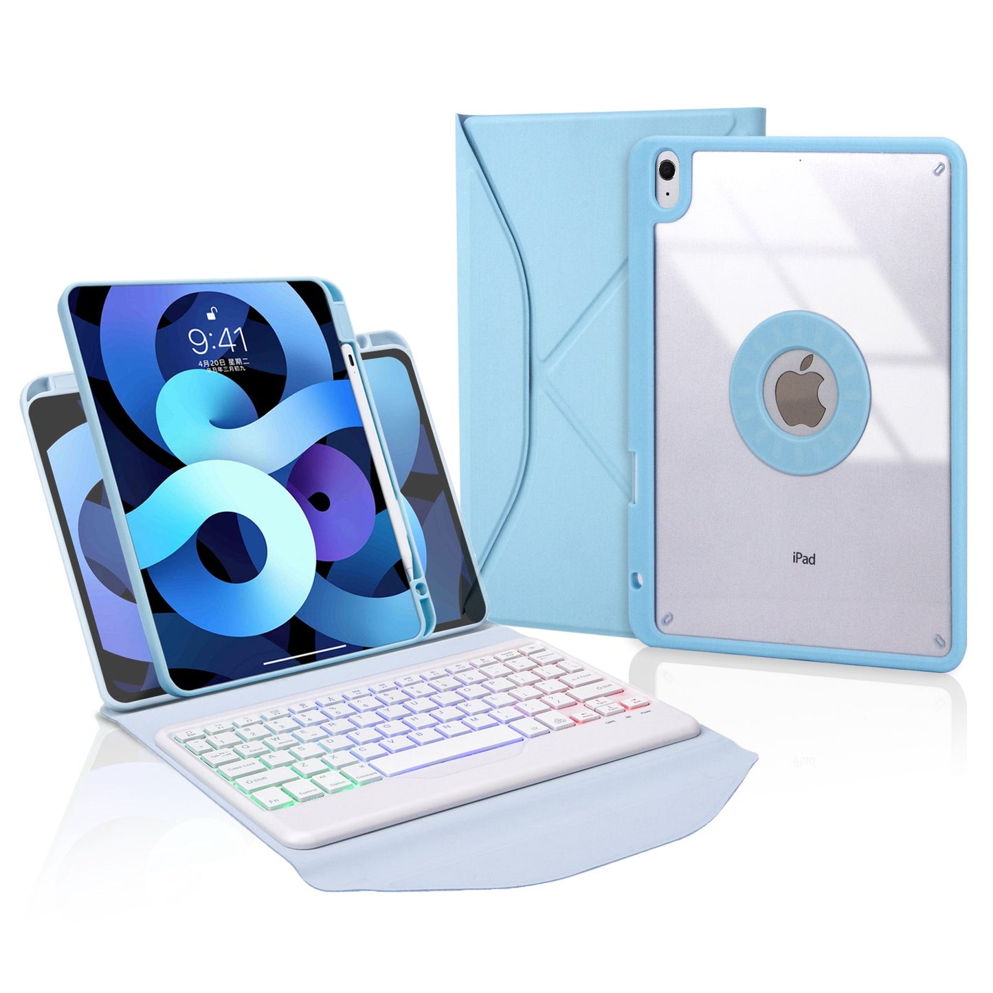 Z098BS For iPad Air (2020)/(2022) Detachable Bluetooth Keyboard with 3-Color Backlit Protective Cover Anti-Drop Tablet Case with Pencil Slot