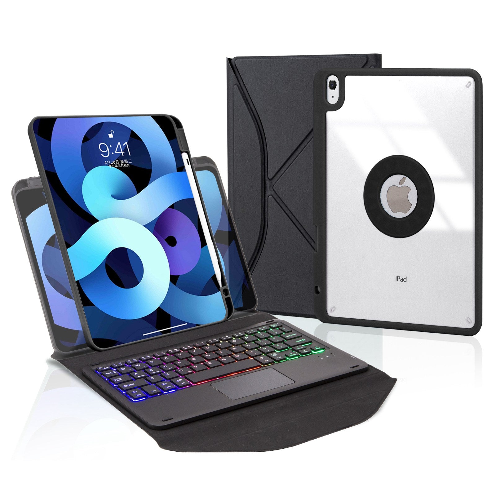 Z098B-AS For iPad Air (2020)/(2022) 3-Color Backlit Bluetooth Keyboard Case with TouchPad Anti-Drop Protective Cover Pencil Slot Design Tablet Case