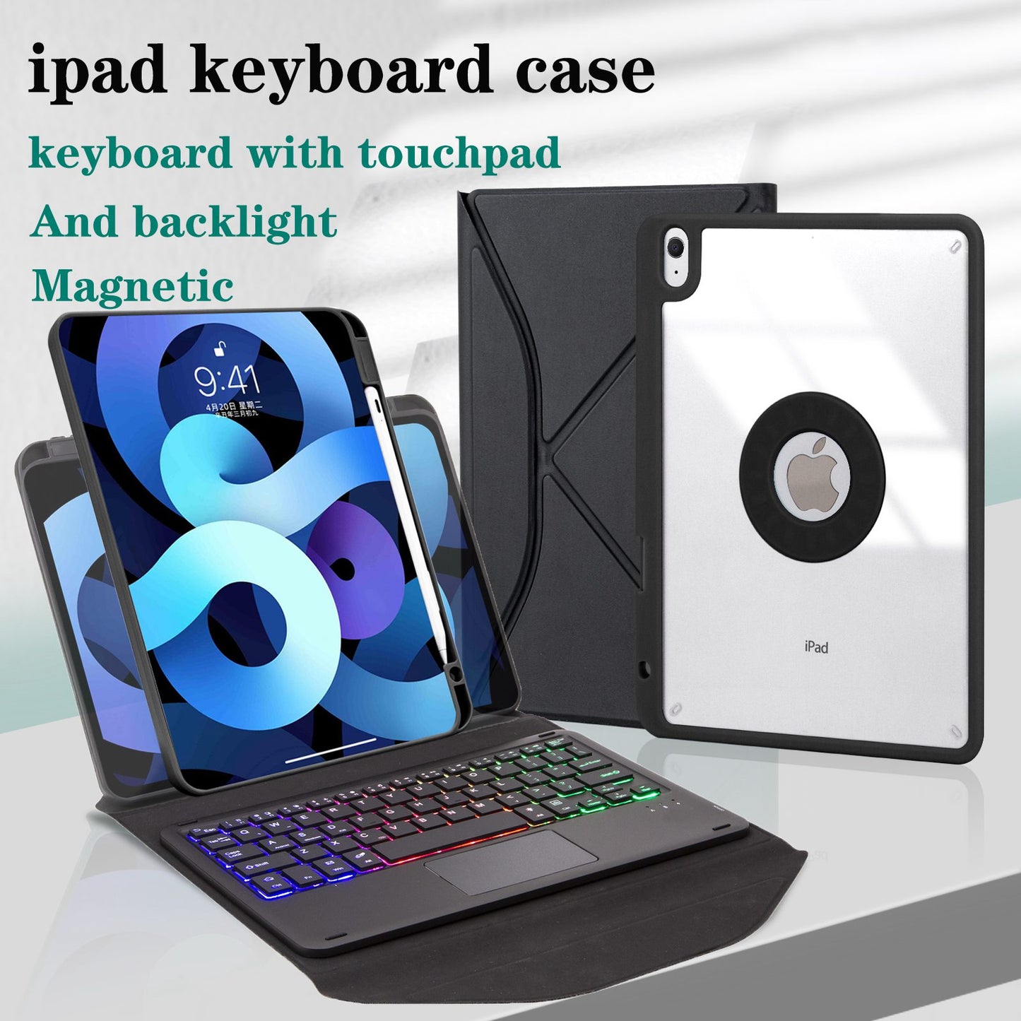 Z098B-AS For iPad Air (2020)/(2022) 3-Color Backlit Bluetooth Keyboard Case with TouchPad Anti-Drop Protective Cover Pencil Slot Design Tablet Case