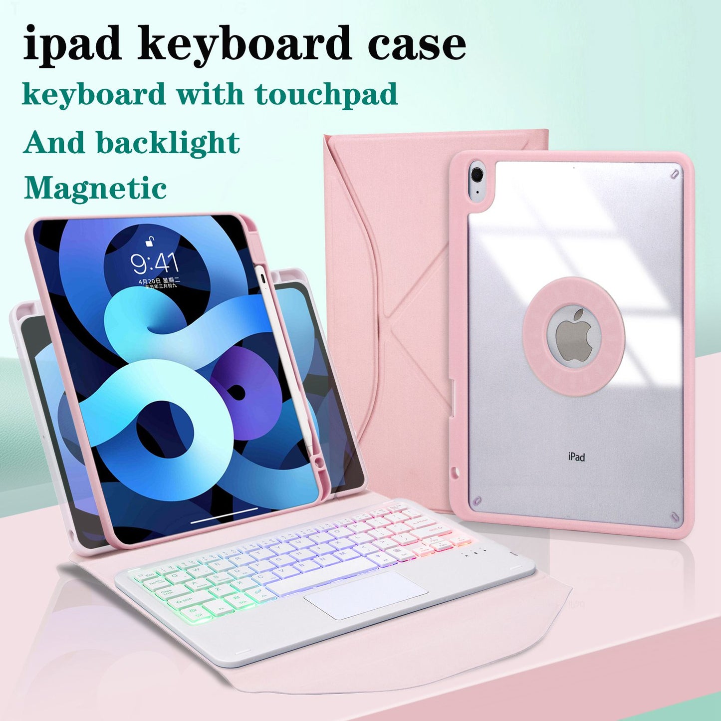 Z098B-AS For iPad Air (2020)/(2022) 3-Color Backlit Bluetooth Keyboard Case with TouchPad Anti-Drop Protective Cover Pencil Slot Design Tablet Case