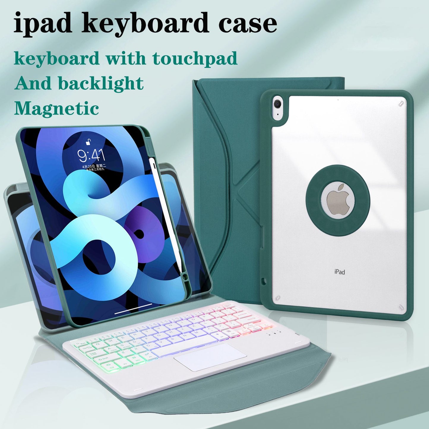 Z098B-AS For iPad Air (2020)/(2022) 3-Color Backlit Bluetooth Keyboard Case with TouchPad Anti-Drop Protective Cover Pencil Slot Design Tablet Case