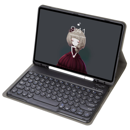 YT07B For iPad Air (2013) / Air 2  /  iPad 9.7-inch (2017) / (2018) / iPad Pro 9.7 inch (2016) Protective Case with Round Keys Bluetooth Keyboard Shockproof Stand Leather Cover with Pen Slot