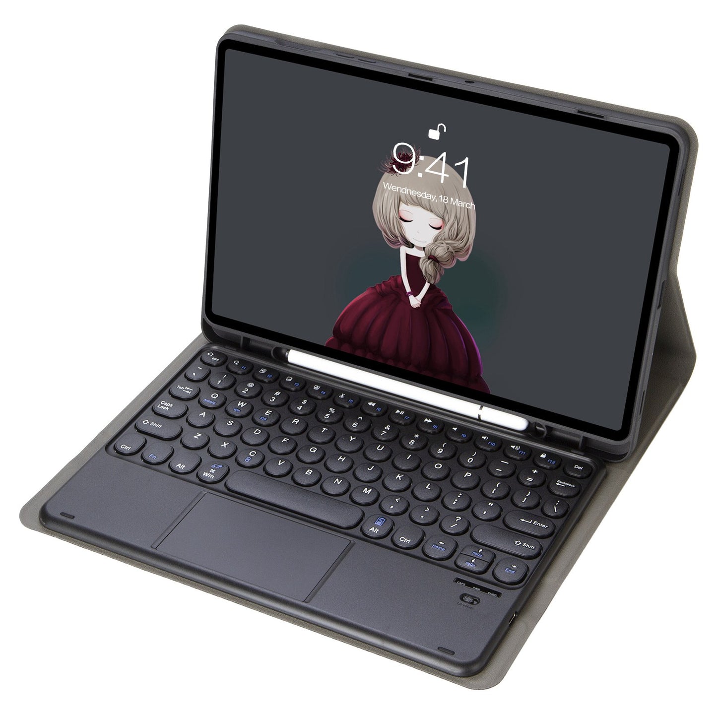 YT07B-A For iPad Air (2013) / Air 2  /  iPad 9.7-inch (2017) / (2018) / iPad Pro 9.7 inch (2016) TouchPad Bluetooth Keyboard + Shockproof Stand Case with Pen Slot
