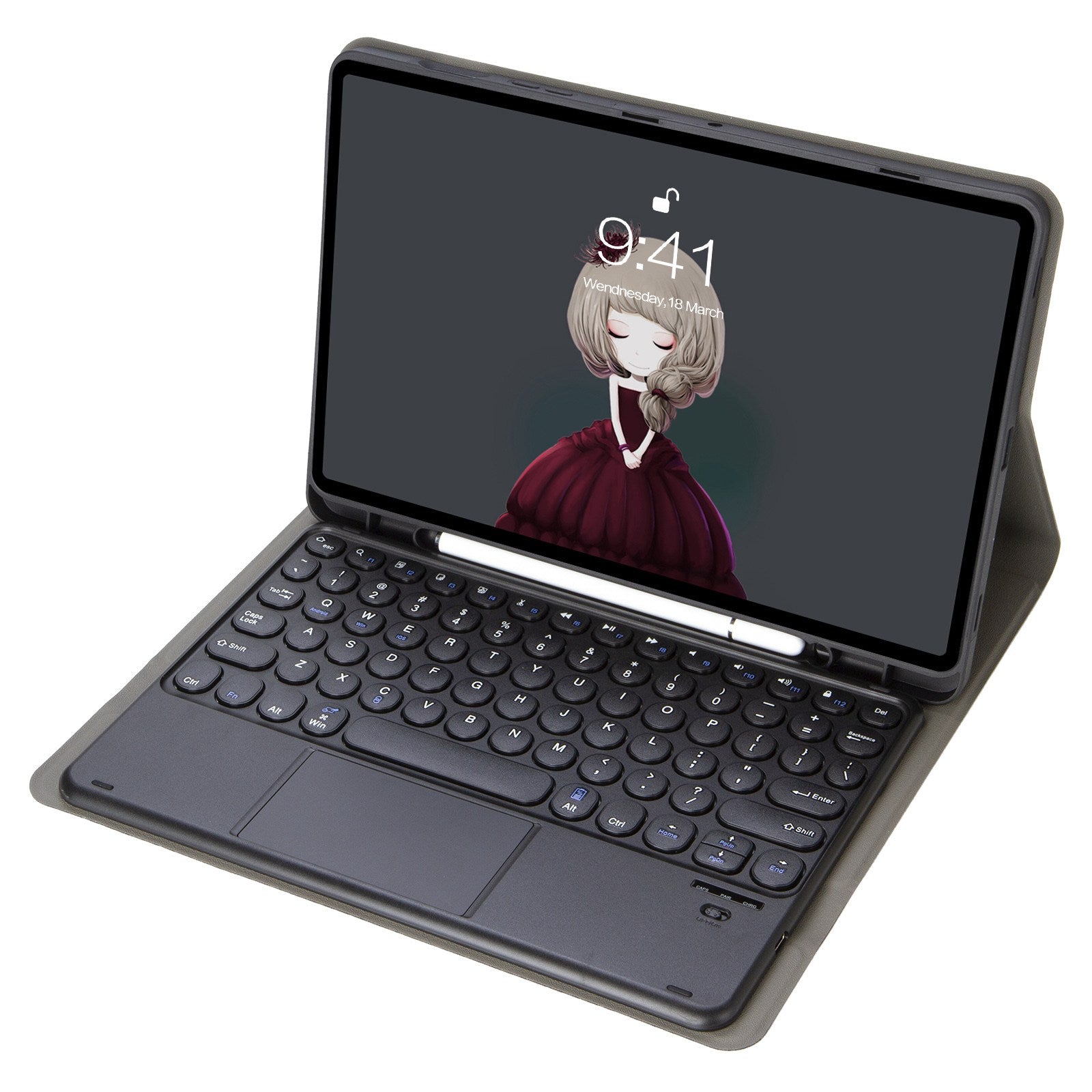 YT07B-A For iPad Air (2013) / Air 2  /  iPad 9.7-inch (2017) / (2018) / iPad Pro 9.7 inch (2016) TouchPad Bluetooth Keyboard + Shockproof Stand Case with Pen Slot