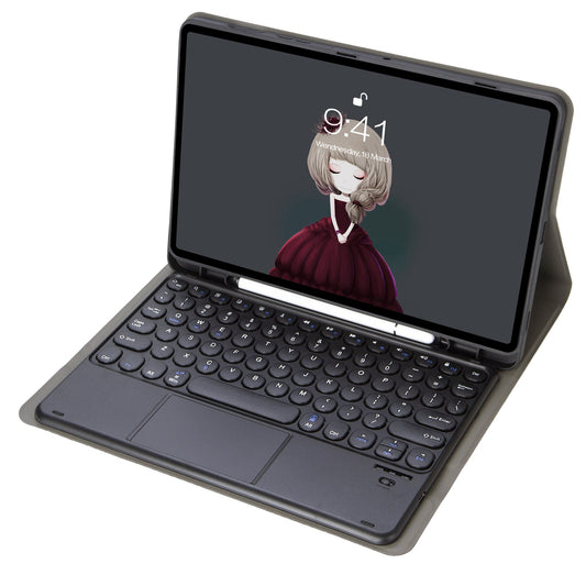 YT098B-A For iPad Air (2020) / (2022) Round Keys Wireless Bluetooth Keyboard with TouchPad, Skin Touch Shockproof Stand Case with Pen Slot