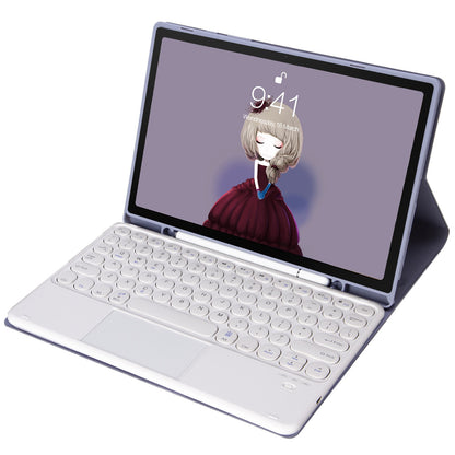 YT098B-A For iPad Air (2020) / (2022) Round Keys Wireless Bluetooth Keyboard with TouchPad, Skin Touch Shockproof Stand Case with Pen Slot