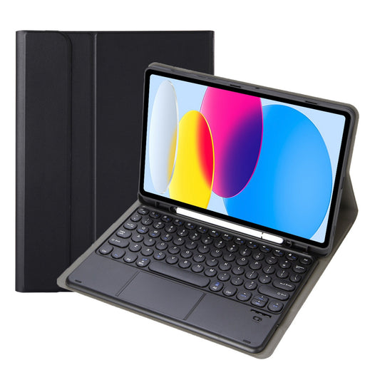 YA10B-A for iPad 10.9 (2022) Leather + TPU Tablet Stylus Holder Protective Cover with Round Keys Design Touchpad Bluetooth Keyboard