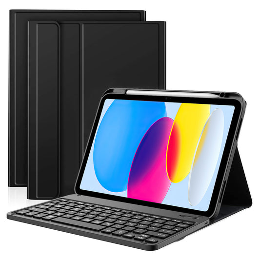 For iPad 10.9 (2022) Bluetooth Keyboard Tablet Case PU Leather + TPU Adjustable Stand Tablet Cover with Pen Slot
