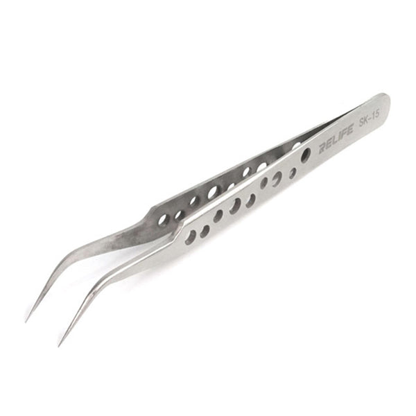 RELIFE SK-15 Curved Tip Tweezers with Holes Stainless Steel Anti-magnetic Tweezers Precision Repairing Tool