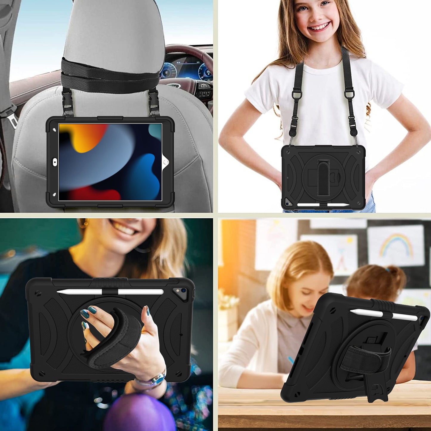 For iPad mini (2021) Shockproof Case Anti-Scratch Rotating Kickstand Case with Shoulder Strap Portable Silicone+PC Tablet Case