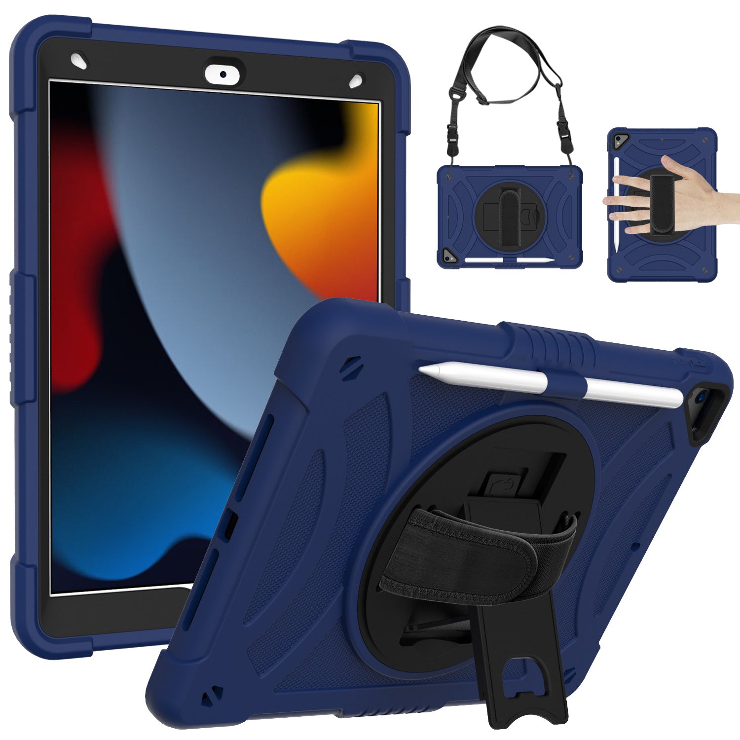 For iPad mini (2021) Shockproof Case Anti-Scratch Rotating Kickstand Case with Shoulder Strap Portable Silicone+PC Tablet Case