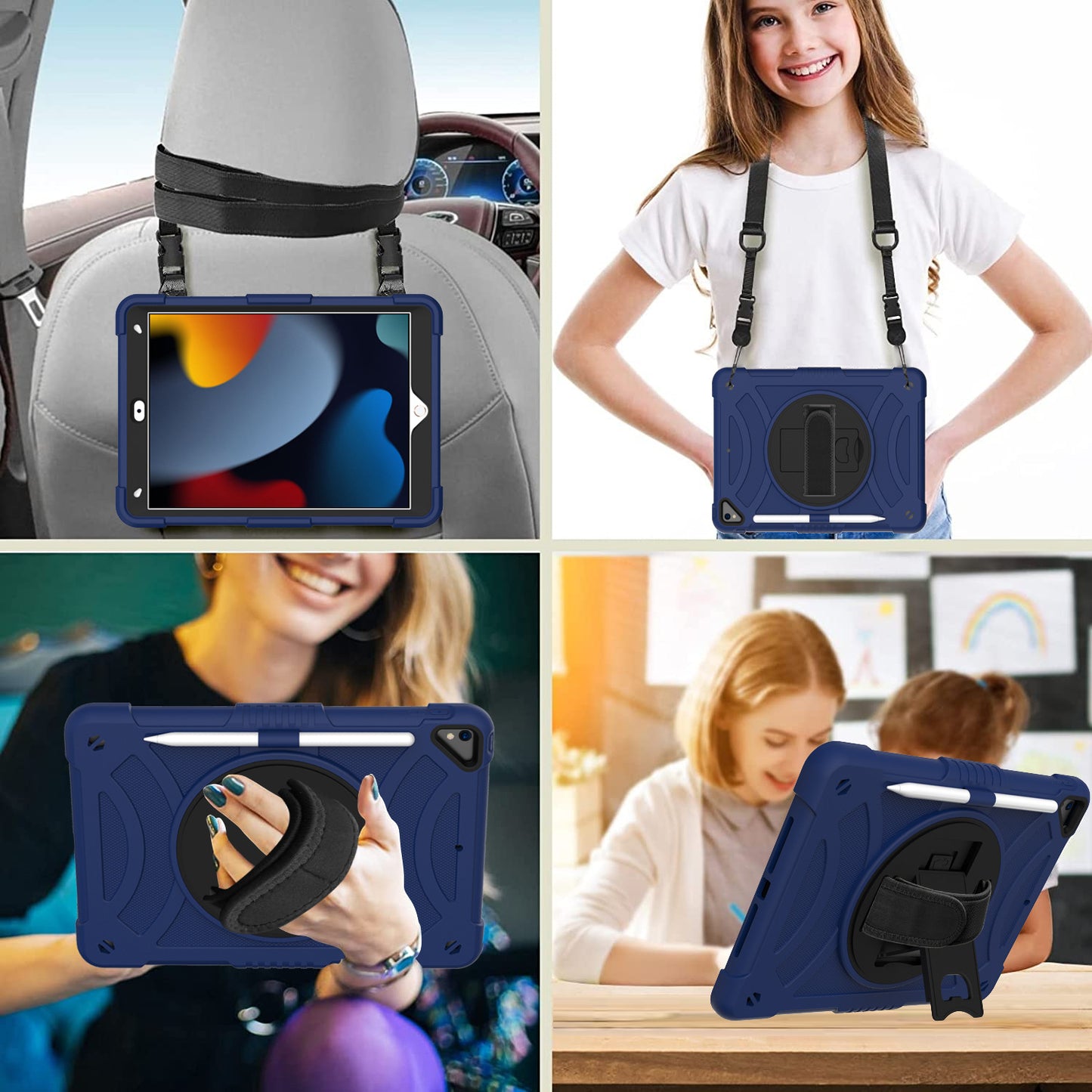 For iPad mini (2021) Shockproof Case Anti-Scratch Rotating Kickstand Case with Shoulder Strap Portable Silicone+PC Tablet Case