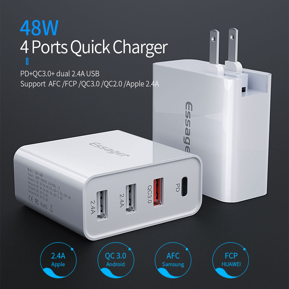 ESSAGER 4 Ports Quick Charge (PD+QC3.0+Dual U2.4A) Phone Charger US Plug + EU and UK Adapters