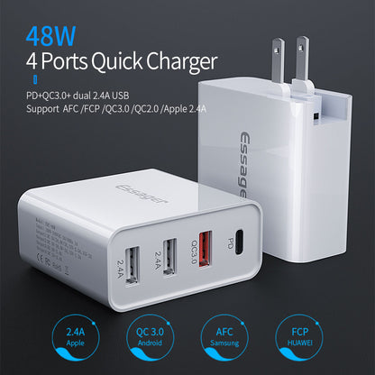 ESSAGER 4 Ports Quick Charge (PD+QC3.0+Dual U2.4A) Phone Charger US Plug + EU and UK Adapters
