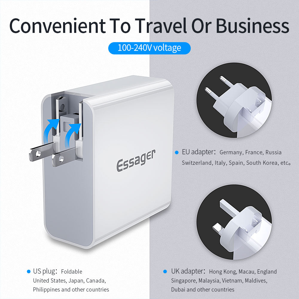 ESSAGER 4 Ports Quick Charge (PD+QC3.0+Dual U2.4A) Phone Charger US Plug + EU and UK Adapters
