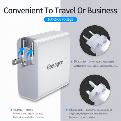 ESSAGER 4 Ports Quick Charge (PD+QC3.0+Dual U2.4A) Phone Charger US Plug + EU and UK Adapters