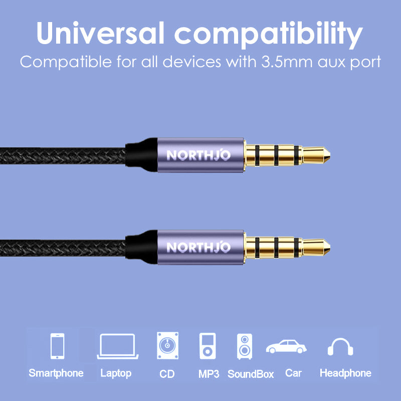 NORTHJO 1m Audio Cable 4 Pole 3.5mm Male to Male Stereo Aux Cord