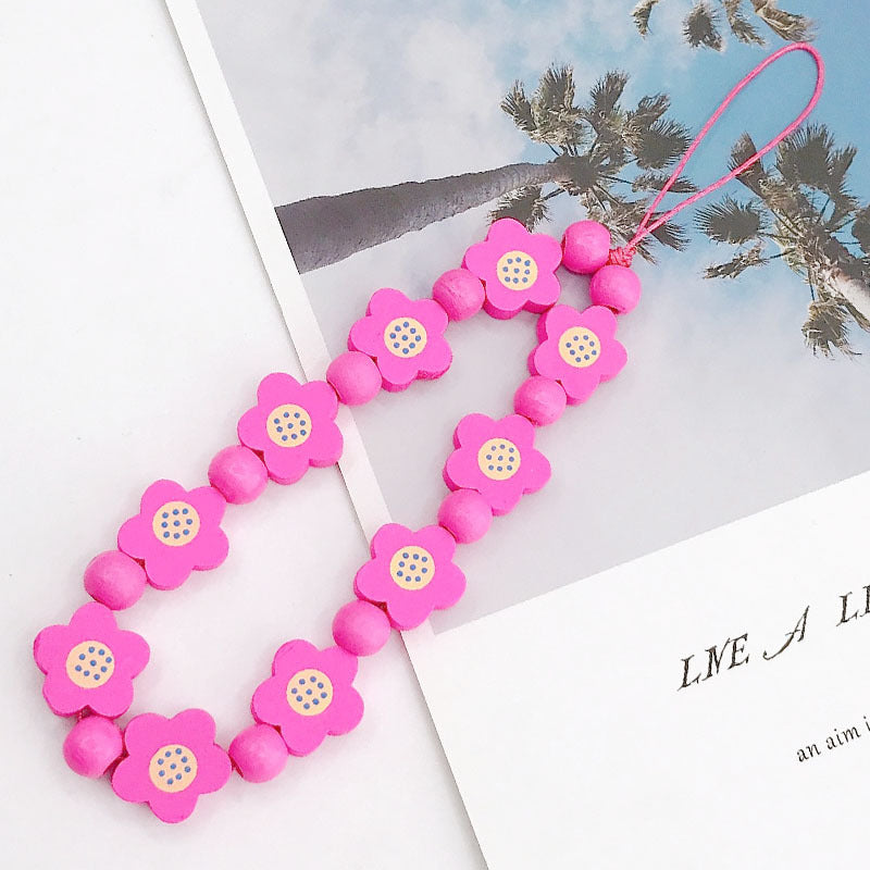 Flower Wood Beads Phone Chain Handwork Cellphone Case Pendant Wrist Strap