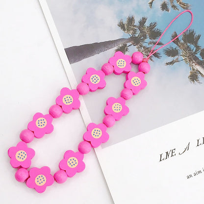 Flower Wood Beads Phone Chain Handwork Cellphone Case Pendant Wrist Strap