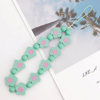 Flower Wood Beads Phone Chain Handwork Cellphone Case Pendant Wrist Strap