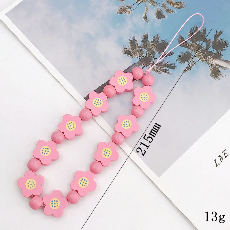 Flower Wood Beads Phone Chain Handwork Cellphone Case Pendant Wrist Strap